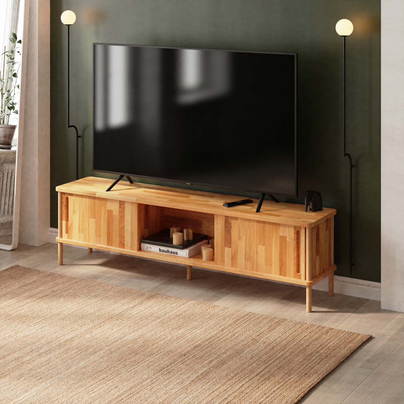 Meuble télé en bois de hêtre Northampton avec 2 portes coulissantes, console de divertissement en bois massif pour intérieurs modernes