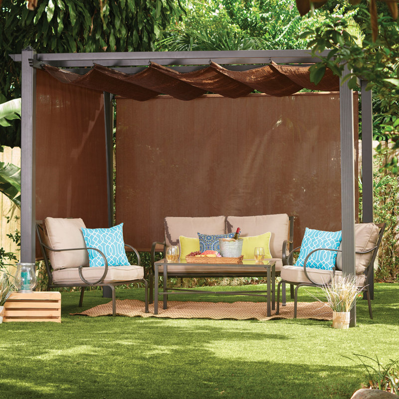 Mocha Aluminum Pergola with Retractable Canopy, 9'10" x 9'10"