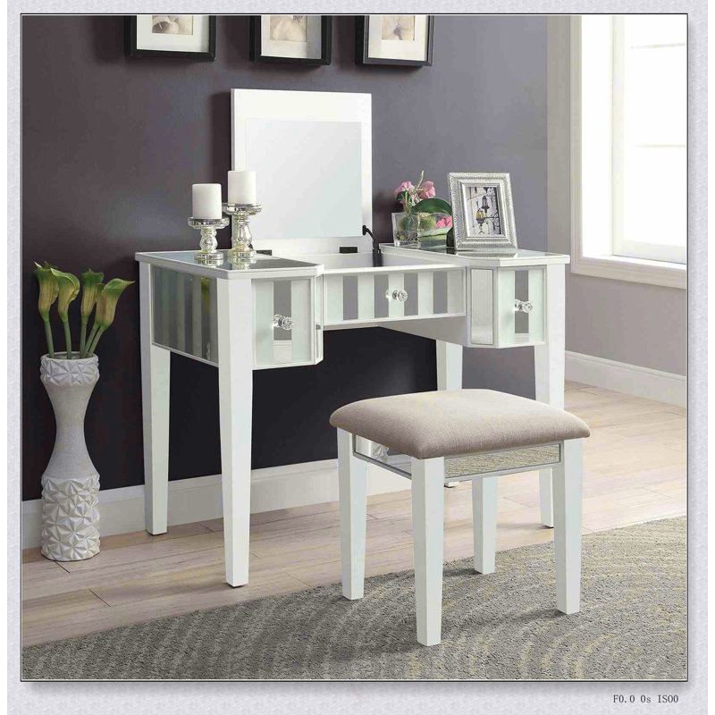 Transitional Style Vanity Set With Storage Drawers, Central Mirror, And Padded Stool For Elegant Bedroom Furniture, White