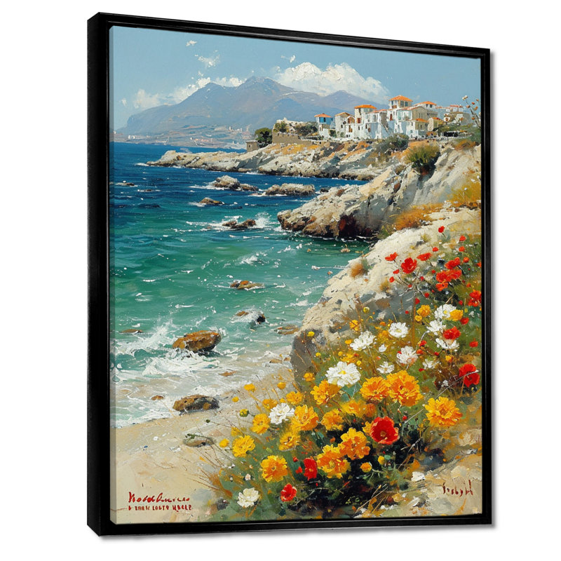 «Blooming Yellow Flowers Beach Town On The Rocks» - art mural plage de sable côtier, Toile avec cadre flottant noir