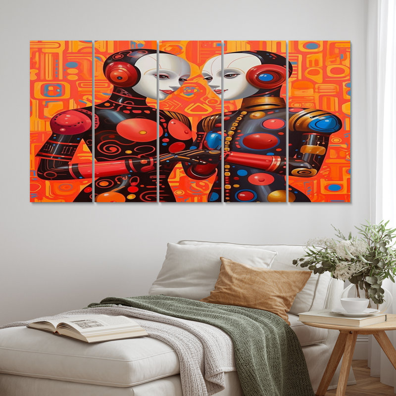 Charming Robots Celebrating Love Retro III - Robot Wall Decor - 5 Equal Panels