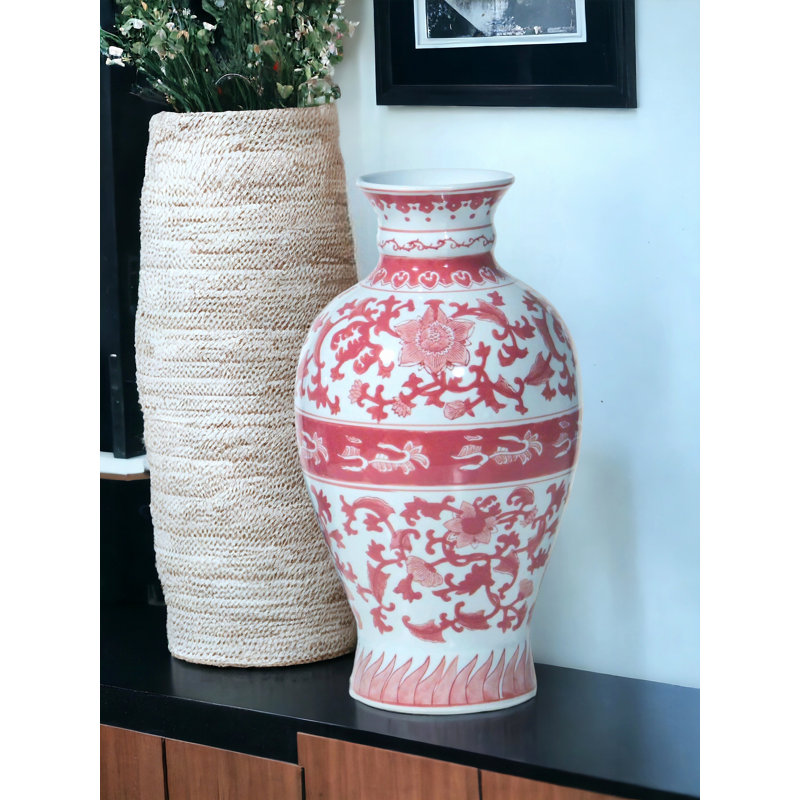 Vase en porcelaine 17 "avec motif floral, Rouge / blanc