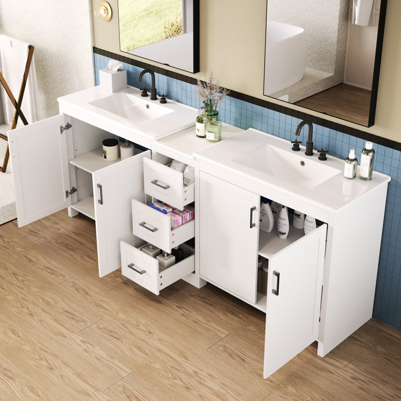 Meuble-lavabo double 84 po blanc 84 po avec comptoir en quartz, 2 lavabos en céramique, tablettes réglables, 3 tiroirs et charnières à fermeture en douceur pour une utilisation efficace de la couleur avec la surface, l'espace de rangement,
