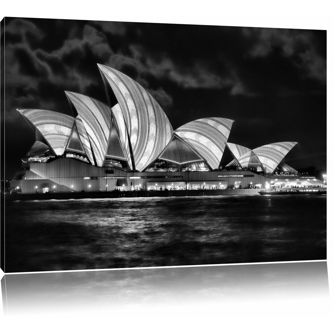 Leinwandbild Sydney Opera House blau gelbe Streifen in Monochrom