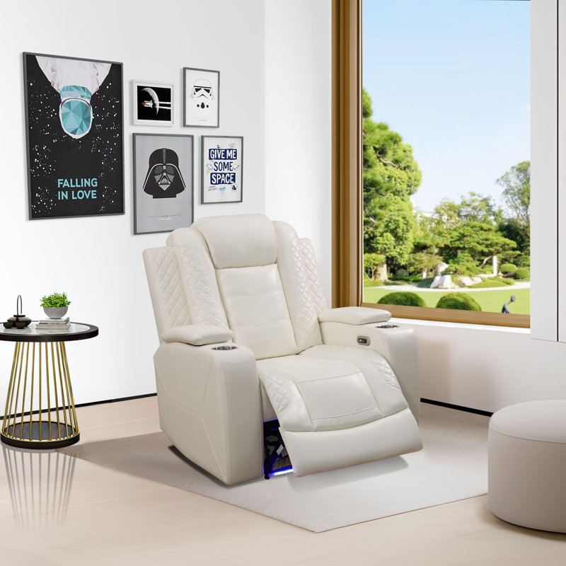 White Breathing Leather Living Room Recliner Chair, Cream