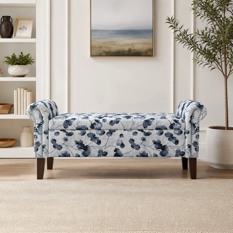 Banc avec rangement à accoudoirs roulés Traditional et garniture cloutée étain, Multi / Floral