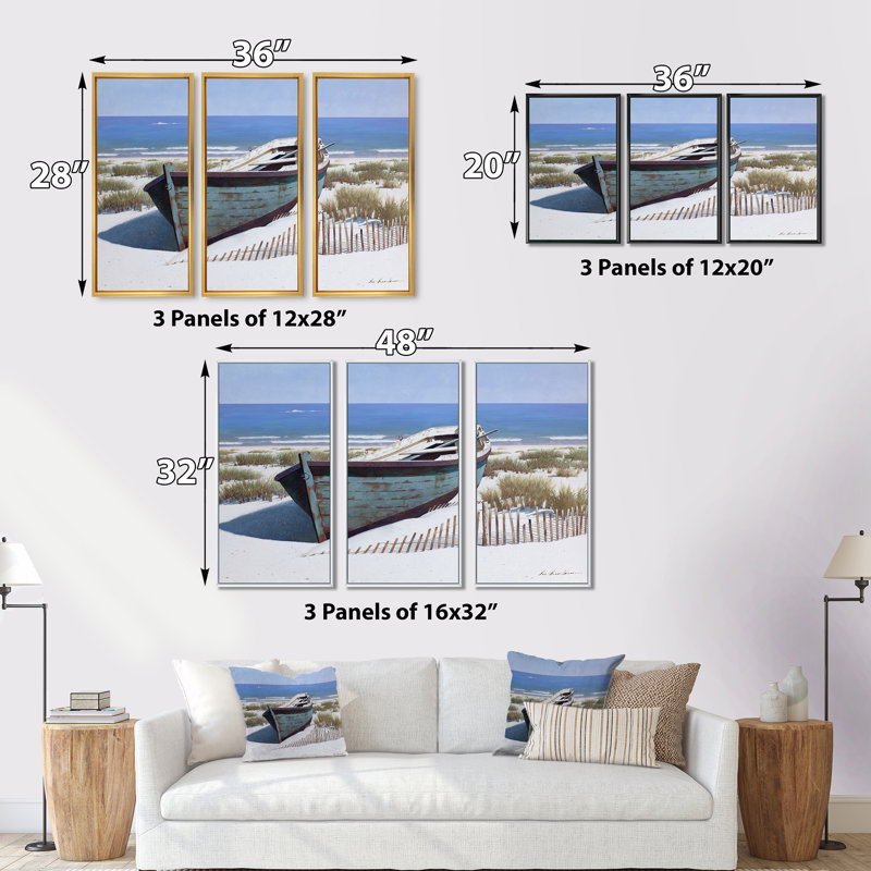 «Blue Boat On Beach - Coastal», ensemble d'art mural sur toile encadrée, H 28 po x l 36 po x P 1 po, Brun