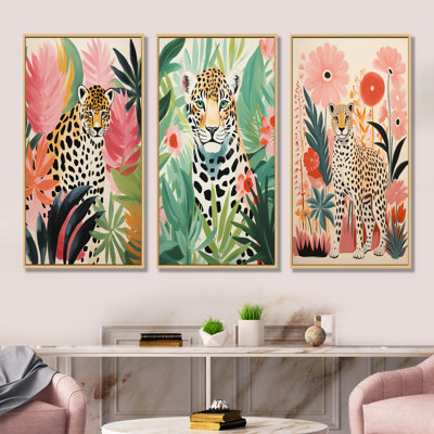 «Green and Pink Leopard Tropical Elegance I», ensemble de 3 reproductions d'art léopard