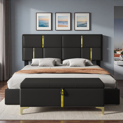 2-piece Perrone Included 1 Upholstered Platform Bed With Hydraulic Storage System, 1 Storage Ottoman With Metal Legs