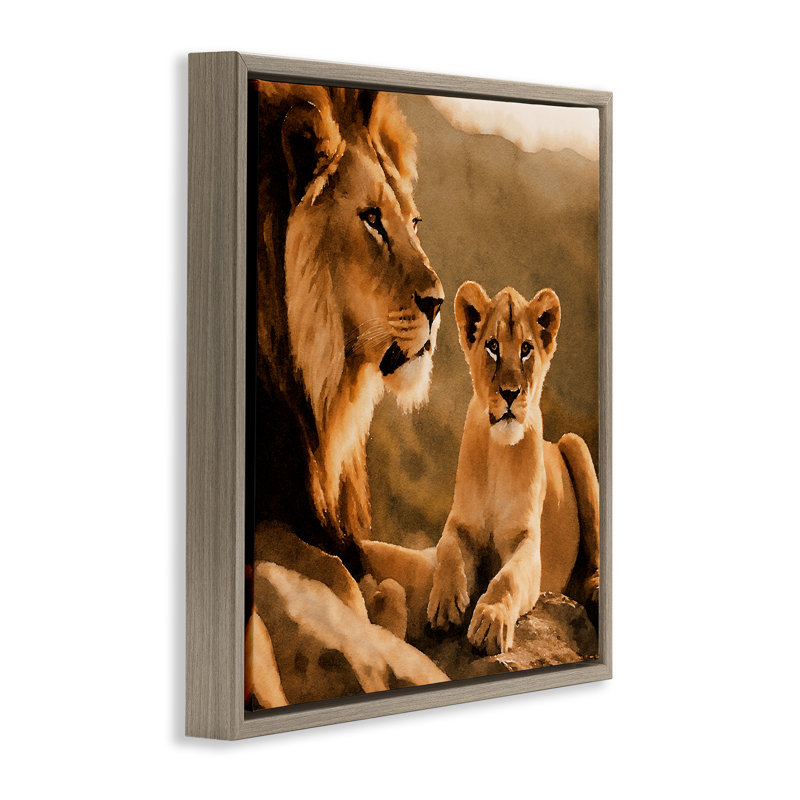 «Lion & Cub Portrait Floater», art mural sur toile par Noah Bay, Cadre flottant orme Montalcino, H 18 po x l 18 po