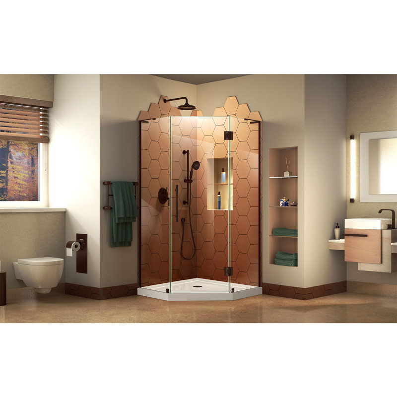 Prism Plus 38" W x 38" D x 74.75" H Frameless Neo-Angle Shower Enclosure with Base Included, Oil Rubbed Bronze/White