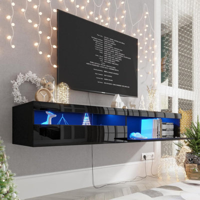 Floating TV Stand with Led Lights, 71 inch Wall Mounted TV Shelf with Power Outlet, Modern Entertainment Center Media Console with Storage Cabinet, Up -  Brayden Studio®, 3892437D101A4030948E7EFF325286EE
