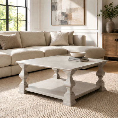 41.5" Square Coffee Table with 2-Tier Storage Shelf, New Zealand Pine Wood with Gray Wood-Grain Finish