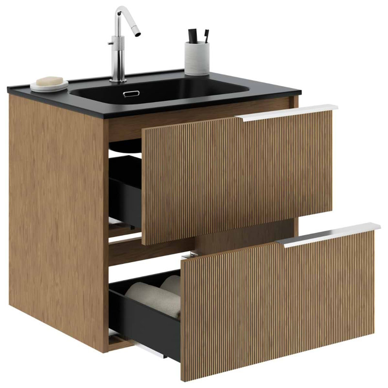 Kora Art 40" Fluted Wall-Mounted Single Bathroom Vanity with Integrated Ceramic Top & Handles, Gold, 24"