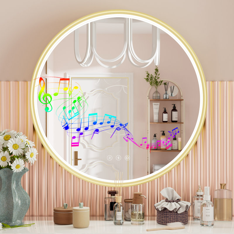 Miroir de salle de bain Bluetooth Bluetooth, 24 po x 24 po, Or brossé