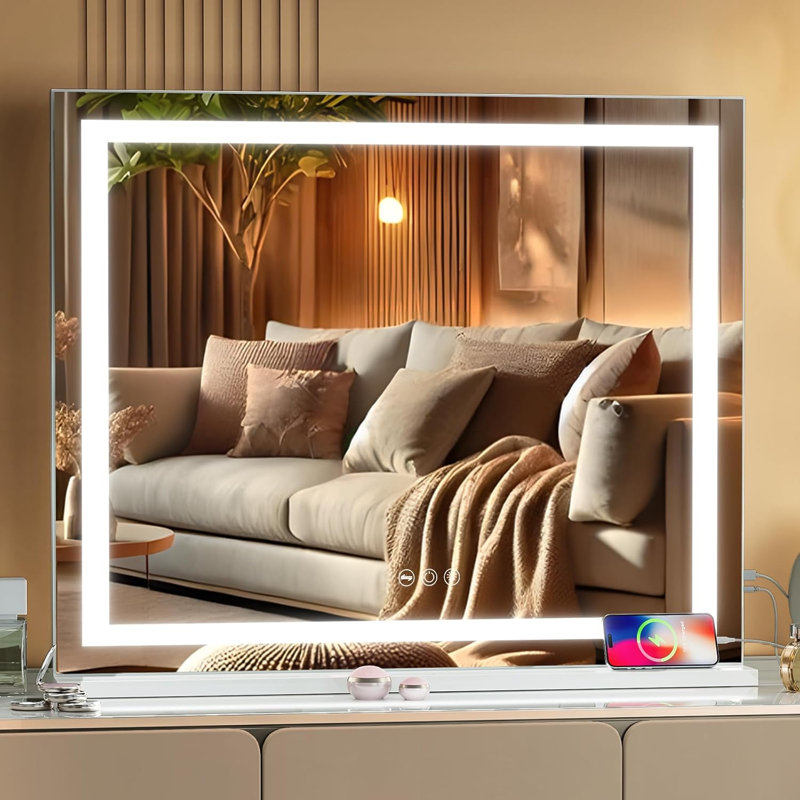 Miroir de salle de bain à DEL avec lumières - 3 modes de couleur, chargement USB, loupe, conception en cristal concassé