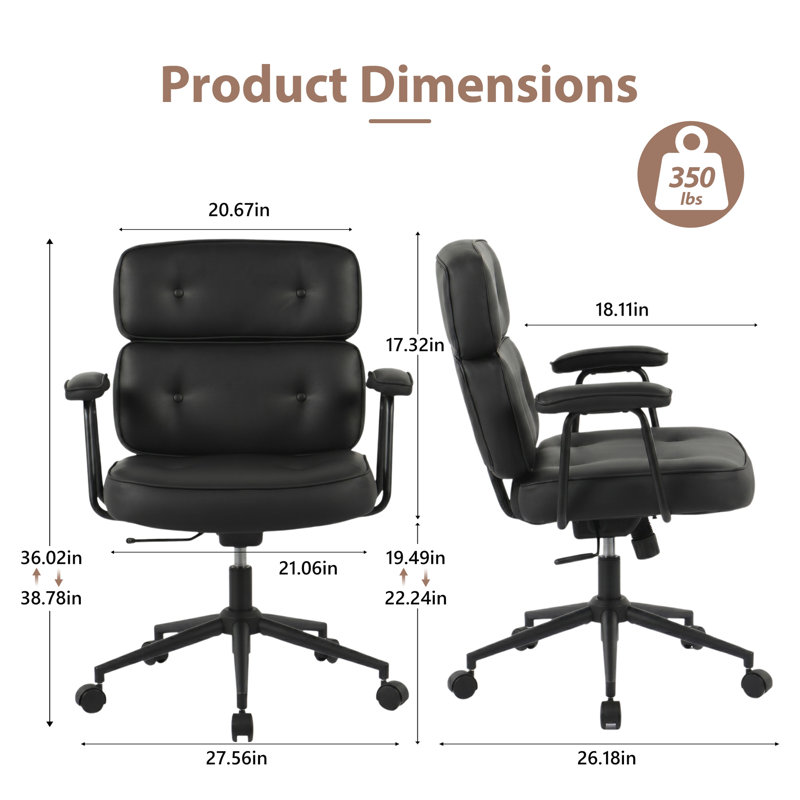 Faux Leather Button Tufted Task Chair, Office Swivel Chair with Padded Armrests, Black
