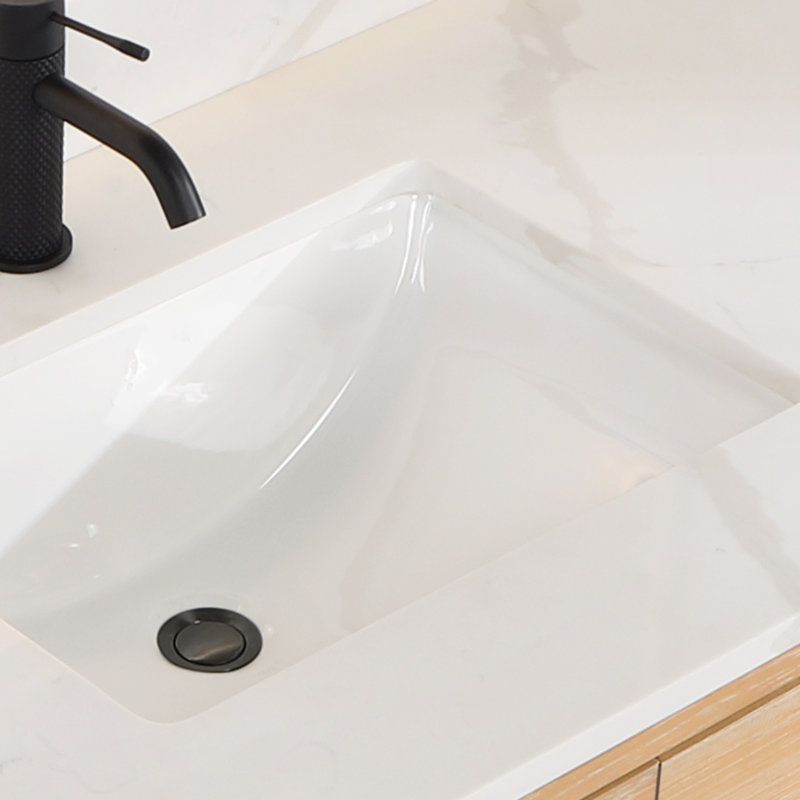 Meuble-lavabo simple mural 55 po avec plateau en quartz Calacatta Cristo, Bois de sapin brun