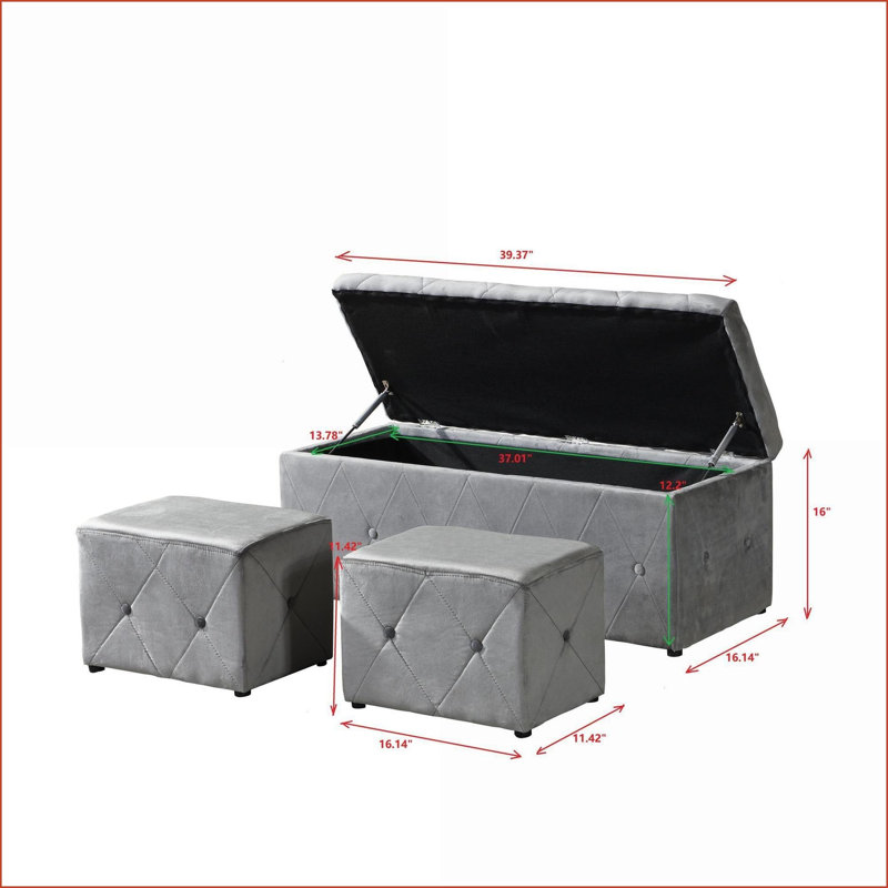 Ottoman Set, 3-Piece Modern Short Velvet Storage Ottomans, Light Gray | Wood Frame | Soft Cushion, Gray