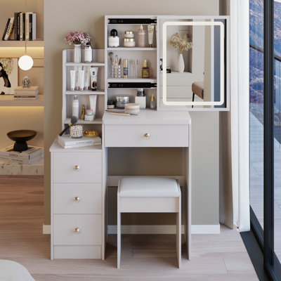 Ensemble coiffeuse 29 po avec miroir à DEL, coiffeuse et tabouret compacts