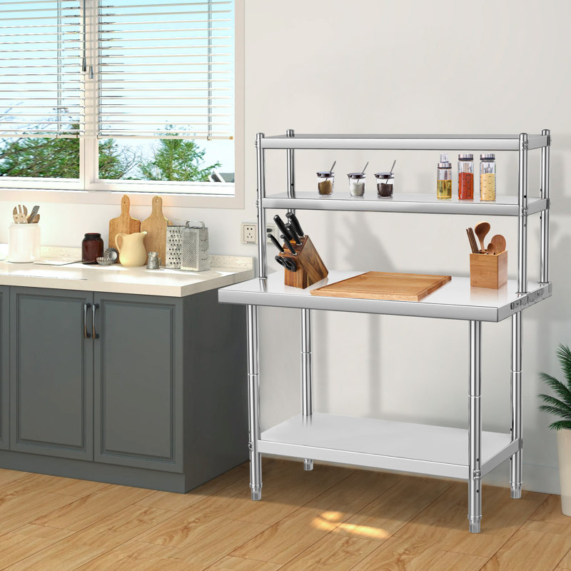 Table de travail commerciale en acier inoxydable avec 2 tablettes supérieures amovibles et tablette inférieure réglable, grande table de préparation en métal robuste pour cuisine, atelier, garage