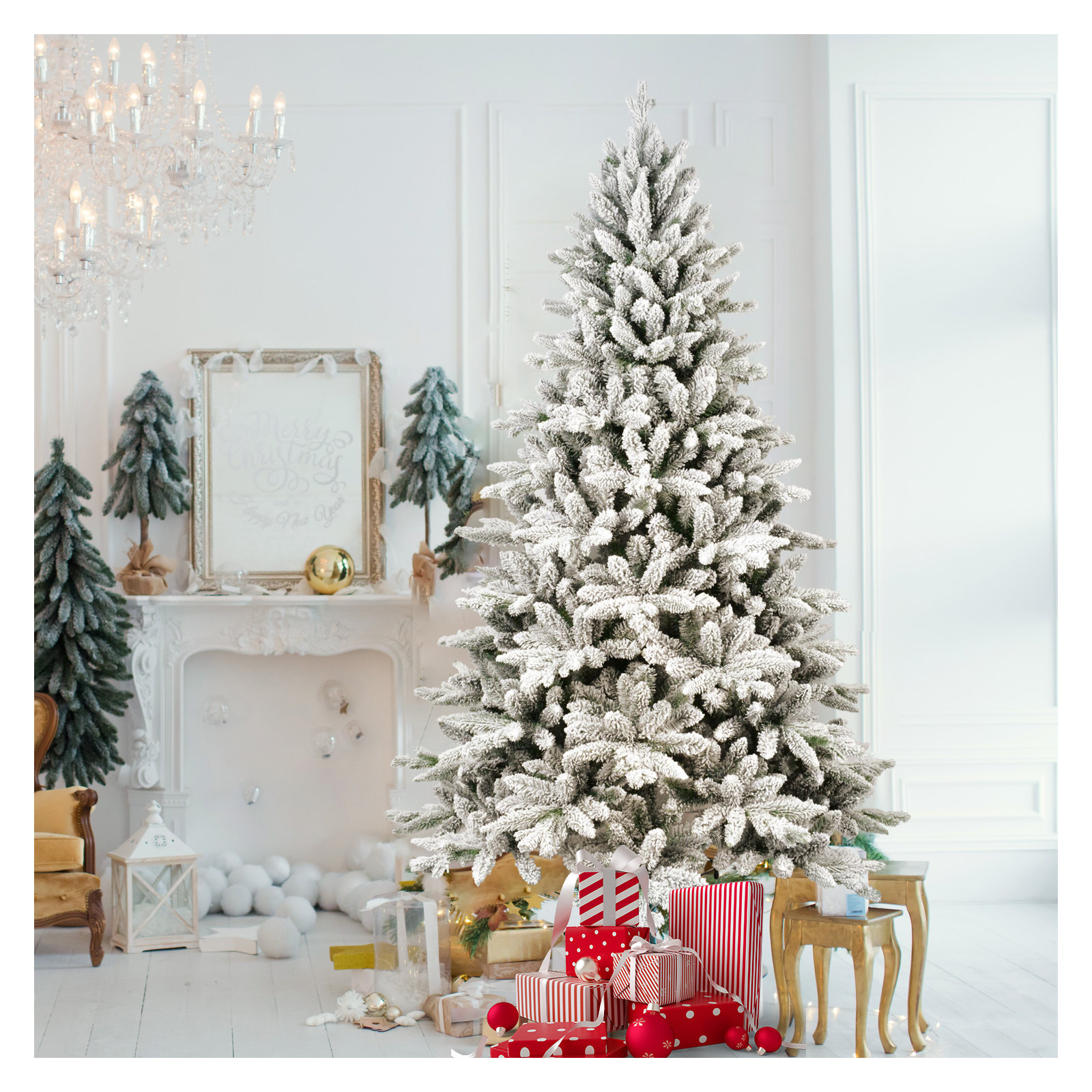 Unlit Artificial Snow Flocked Christmas Tree with PE & PVC Mixed Branches, Folding Metal Base, 7.5' H