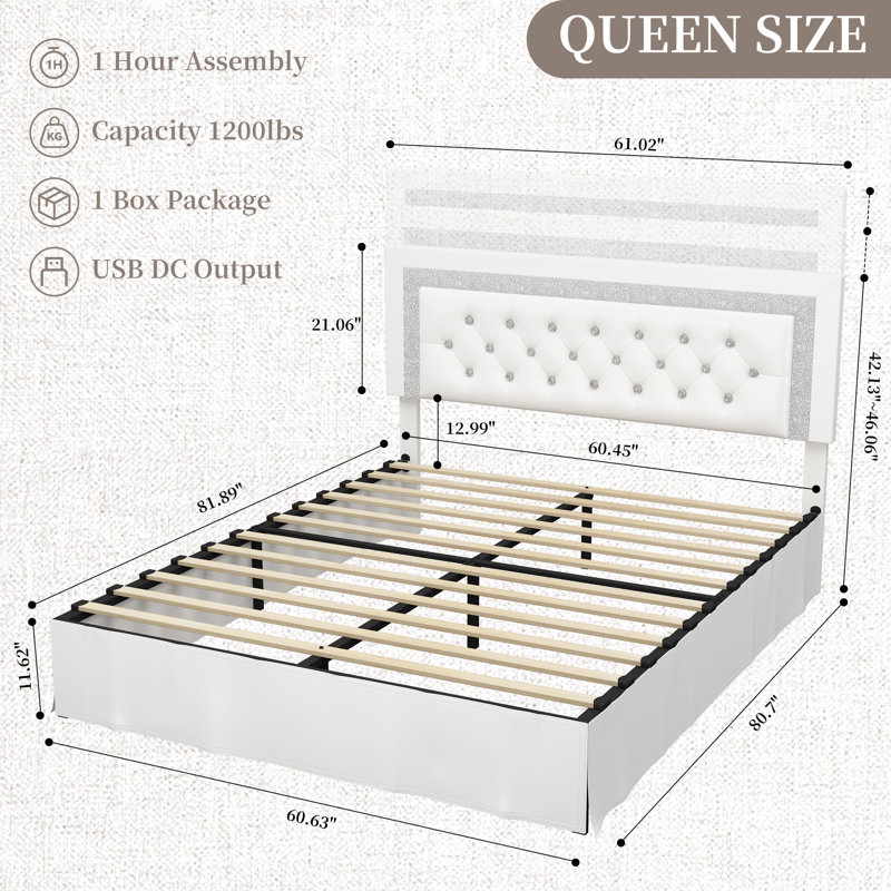 Bed Frame with Adjustable Headboard and Diamond Button Upholstered Tufted Beds, White, Queen