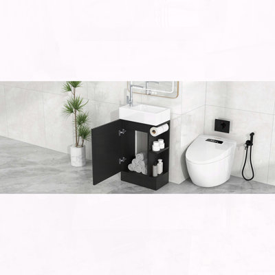 18.6" Bathroom Vanity with Sink, MDF Cabinet with Side Shelf & Toilet Paper Holder, Left or Right Orientation