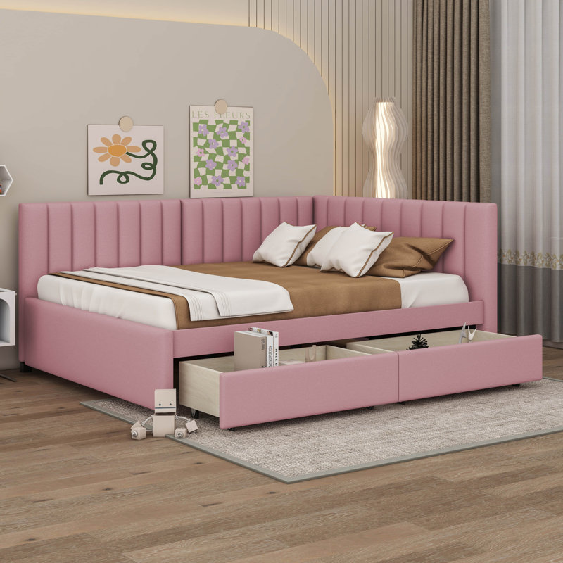 Cathaline Full Size Upholstered Daybed with 2 Storage Drawers Sofa Bed Frame, Pink