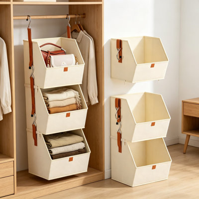 Collapsible Hanging Closet Organizer, 3-Tier Fabric Storage Shelves with Heavy-Duty Hooks, Foldable Hanging Storage Bins for Clothes, Laundry, Bedroom
