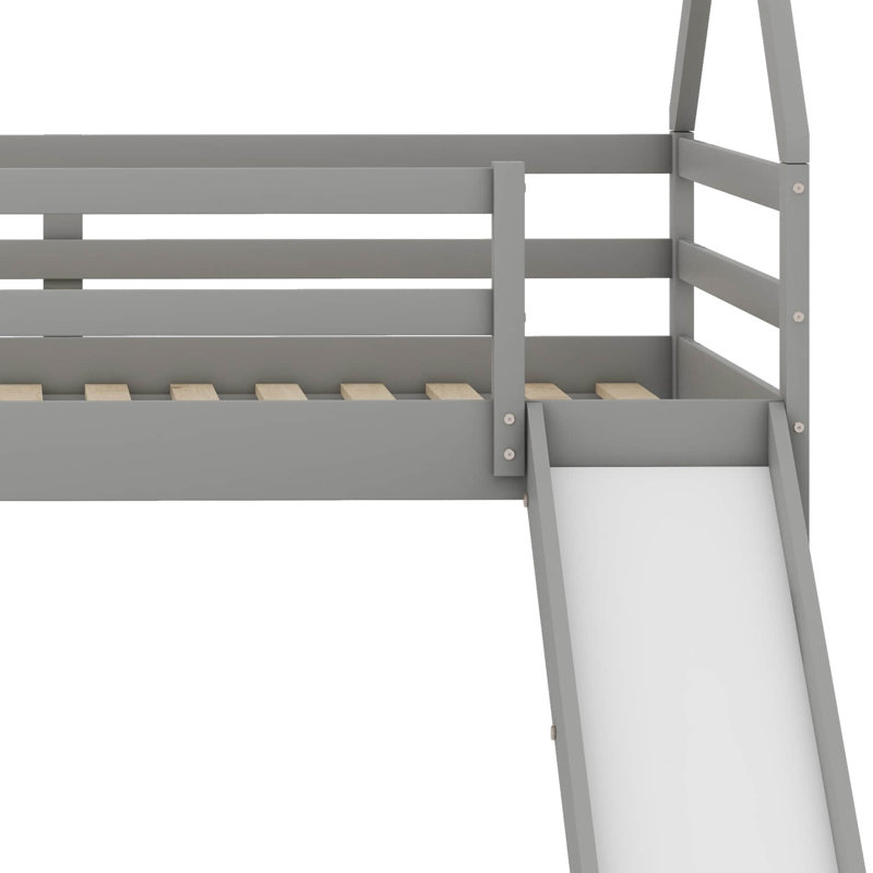 Twin Size Space-Saving Wooden House-Shaped Bunk Bed With Full-Length Guardrail, Slide And Ladder, Gray