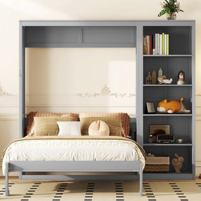 Grand lit mural gris avec tablettes, pliable dans l'armoire, espace pour la chambre d'amis, support de matelas qui suit la forme du corps, petits espaces idéaux, lit, matériau de fabrication