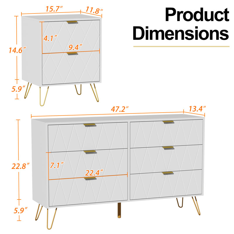 Ensemble de commode pour chambre à coucher 6 tiroirs l 47,2 po avec 2 tables de chevet, Blanc