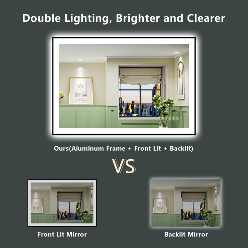 Tyeishia Matte Black Matel Framed LED Bathroom Mirror with Front-lit and Back-lit, Memory Function, 3 Color Temperatures & Dimmable Light, Anti-fog Tempered Glass