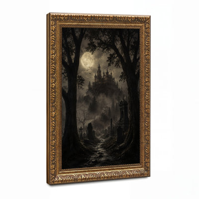 Gothic Castle On Hill With Full Moon And Misty Halloween Canvas Wall Art