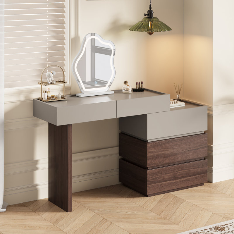 39" Mid Century Makeup Vanities With 5 Drawers, Gray & Brown Solid Wood for Bathroom, Not Assembled Need