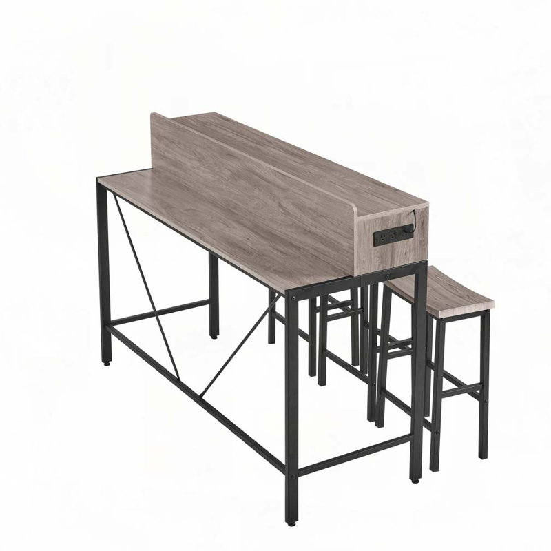 Console 59 po avec prise de courant et lumière DEL, 3 tabourets de selle, Gris