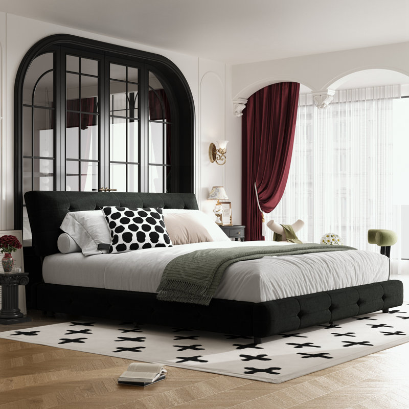 Très grande base de lit en chenille avec tête de lit capitonnée, Noir, Très grand
