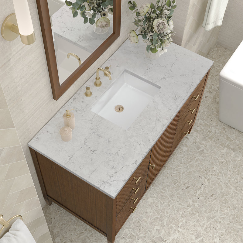 Myrrin 48'' W Single Vanity, Mid-Century Walnut, Eternal Jasmine Pearl, 8" Widespread