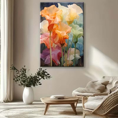 24*16，1pc Pseudo 3D Solid Wood Frame Canvas Wall Art - Waterproof & Fade-Resistant Modern Abstract Floral Painting with Vibrant Orange.