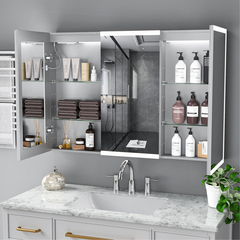 LED Lighted Medicine Cabinet With Mirror, 48*32Inches Bathroom Mirror Cabinet With Lights,Recessed Or Wall Mounted, 3 Color Temperaturesanti-Fog