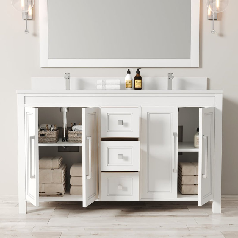 Merelus 60'' Double Bathroom Vanity with Quartz Top, Whte