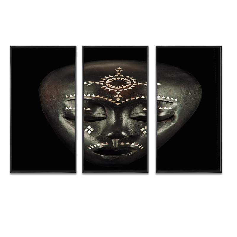 Ethnical Traditional African Mask - 3 pièces, cadre flottant, impression sur toile, Noir, L 36 po x H 28 po