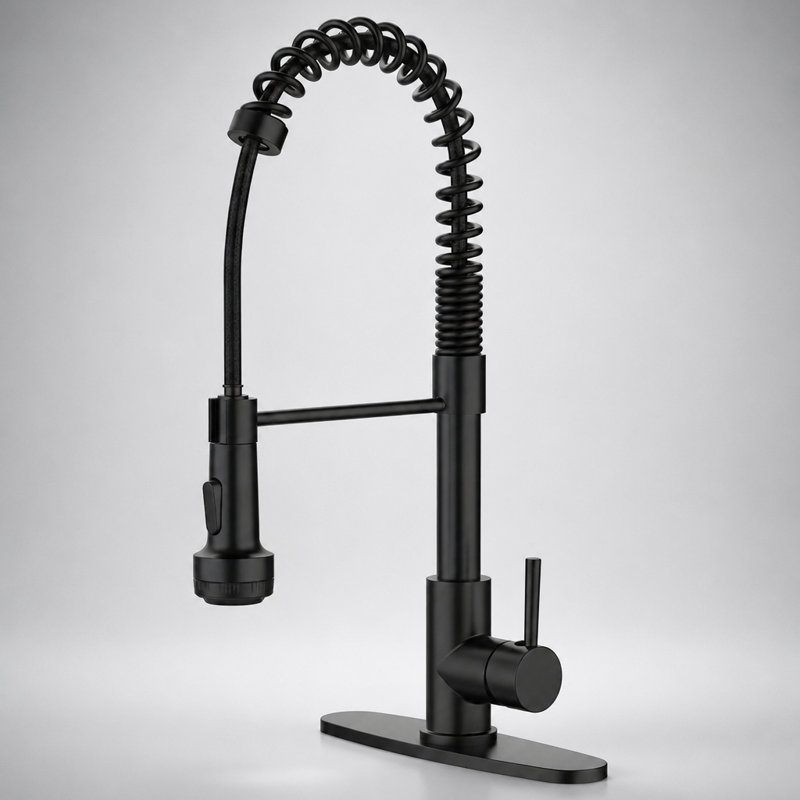 Matte Black Pull Down Kitchen Faucet with 4 Spraying Modes, Single Handle, Commercial Spring Design, 1 or 3 Hole Installation