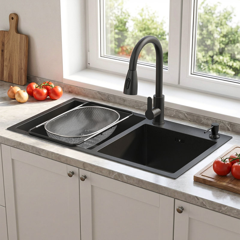 Évier de cuisine à double cuve, évier en acier inoxydable de 30,7 po x 16,9 po avec revêtement nano, évier encastrable / à fixation sur le dessus pour cuisine moderne, avec ensemble de bonde et panier de bonde