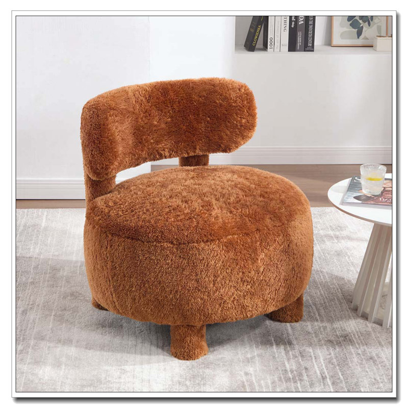 Chaise d'appoint sans accoudoirs en fourrure avec dossier incurvé et pieds en bois massif rembourrés, Brun