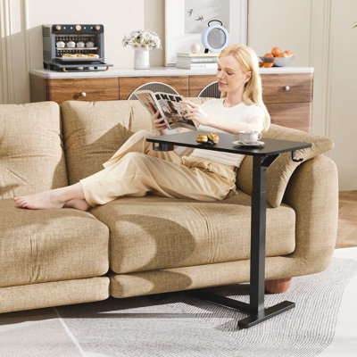 Height Adjustable Overbed Bedside Table with Hidden Casters, Pneumatic Standing Desk, Mobile Laptop Table, Hospital and Home Use Rolling Cart, Black