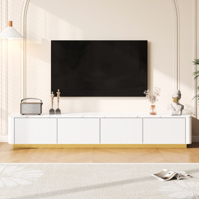 85" Tv Stand With 4 Drawers, Gold Base, White Faux Marble Tabletop, Curved Design, And Spacious Storage Reliable
