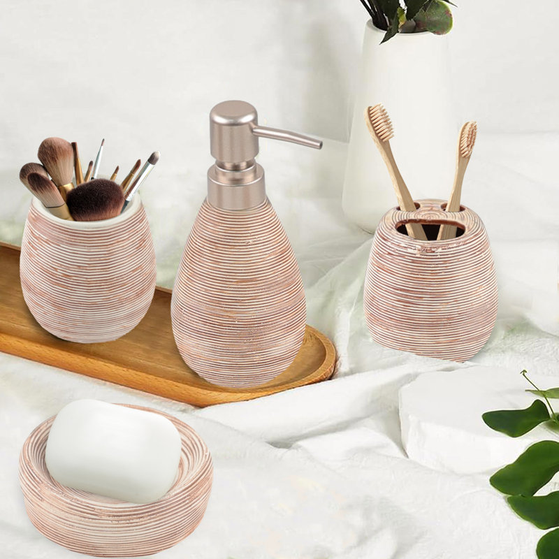 4 Piece Textured Ceramic Bathroom Accessory Set Includes Soap Dish, Dispenser, Toothbrush Holder And Tumbler, Brown