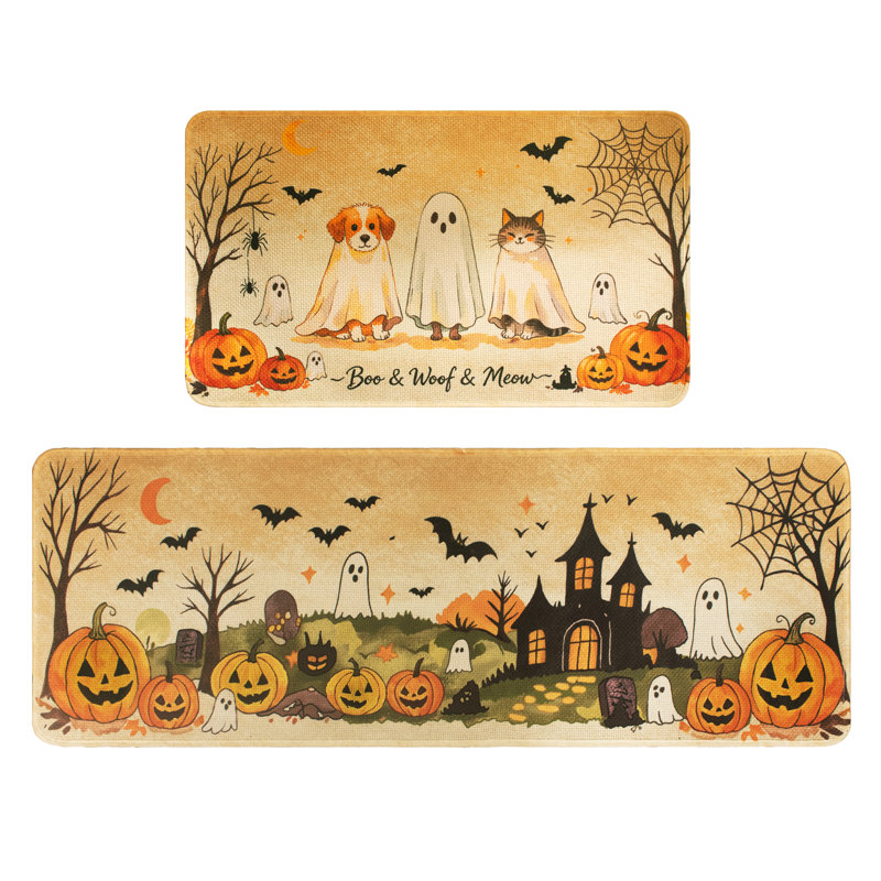 Tapis de cuisine d'Halloween (lot de 2) - Tapis et descente de lit fantômes pour chiens et chats